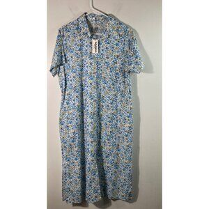 Womens Zeagoo Floral Shirt‎ Dress Button Short Sleeve Blue White L NWT